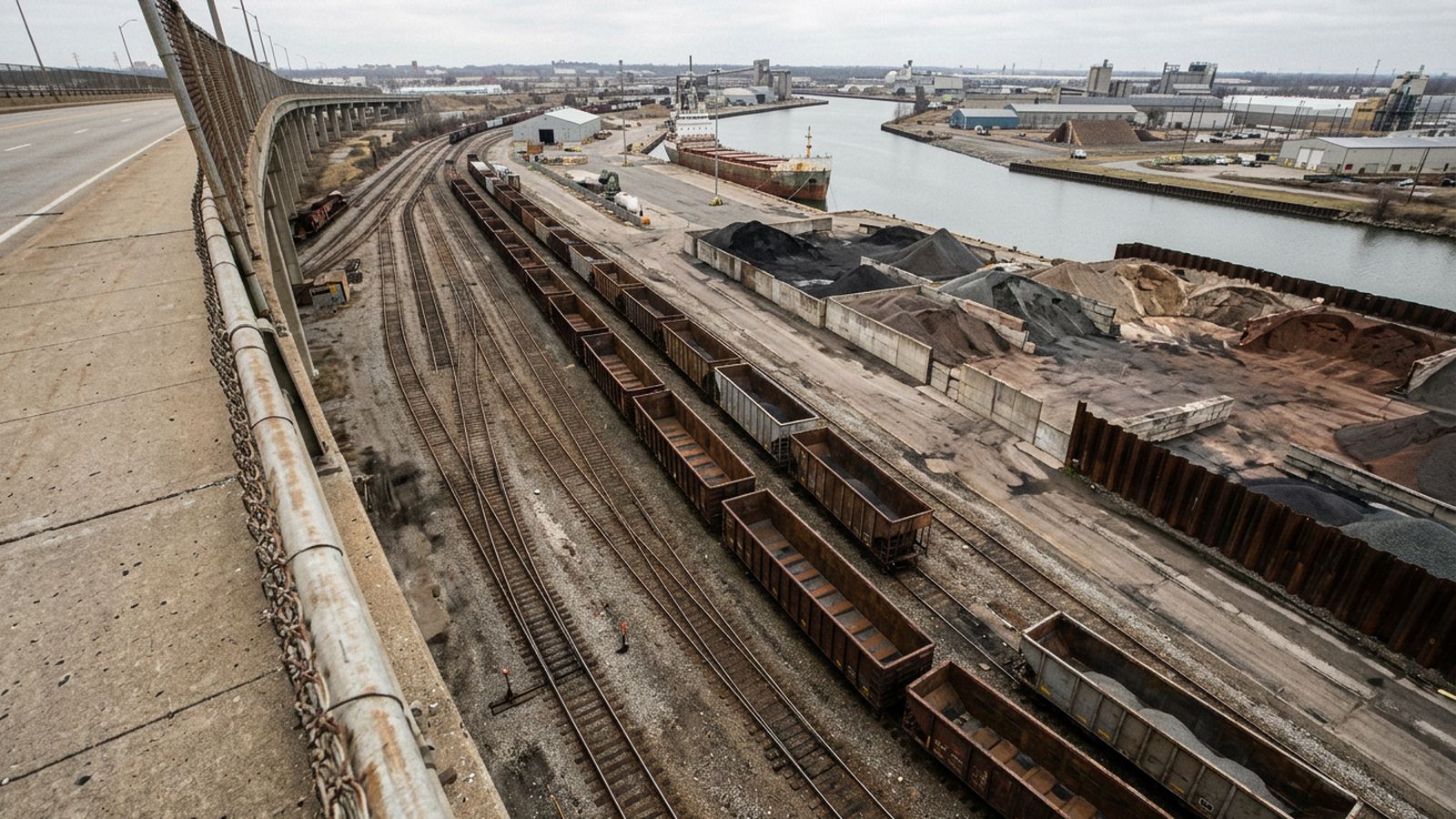 Looking down from a high road viaduct onto a rail freight deck in an industrial valley, several strings of open hopper cars on parallel tracks, a shipping channel beyond them, dock structures and stockpiles in the distance, flat overcast daylight, no lettering or logos legible