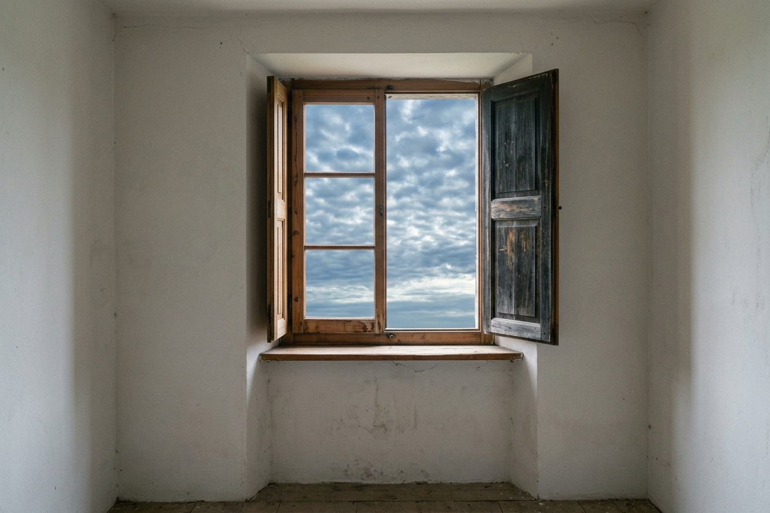 A window with one shutter pushed open onto broken cloud, seen from an empty room.