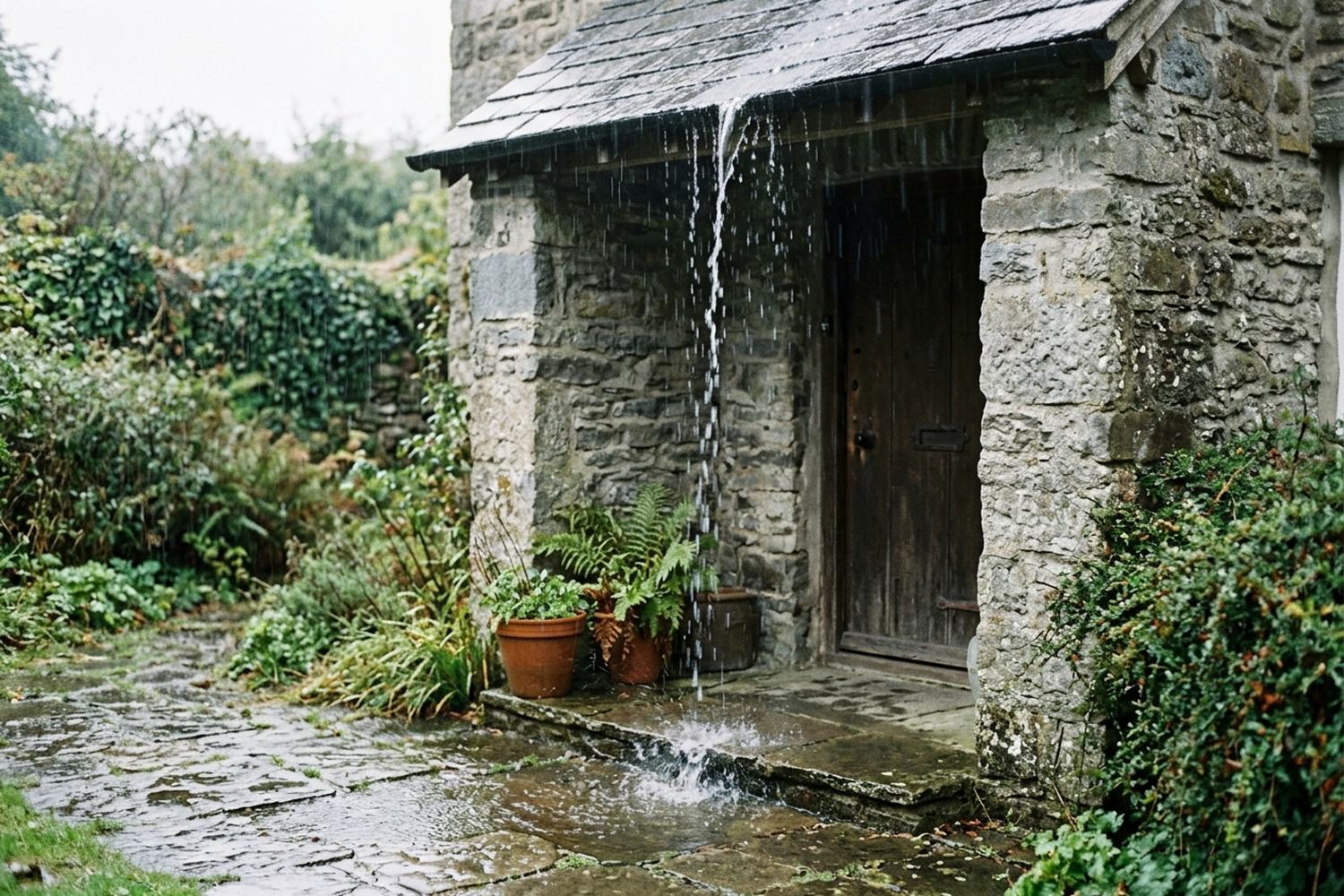 A stone porch in steady rain, water dripping in a line from the edge of the eave.