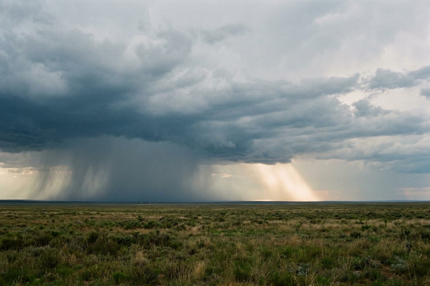A squall crossing a flat horizon, rain falling on the left and light breaking right.