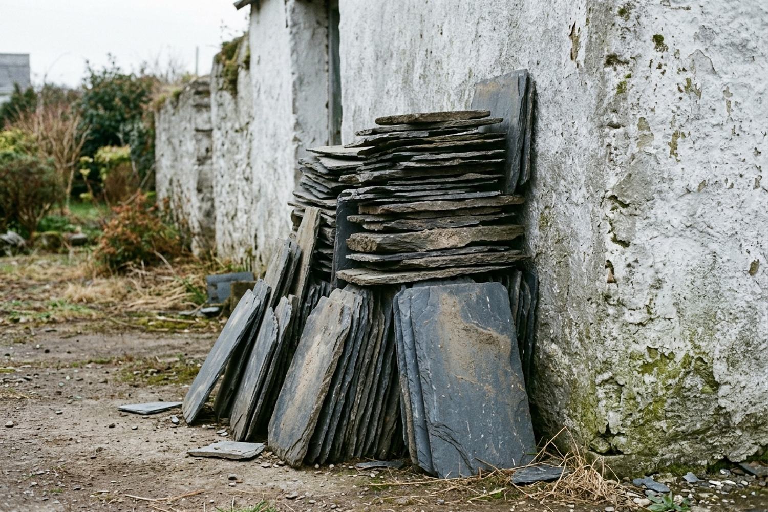 Roofing slates of clearly different thicknesses stacked against a plain wall.