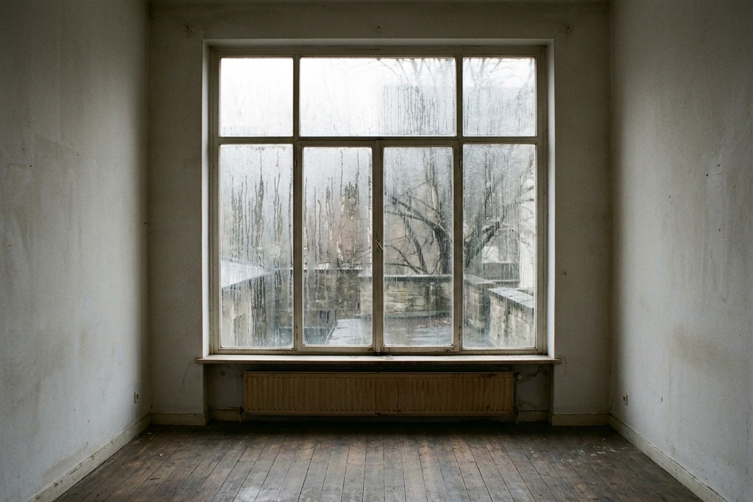 An empty room with rain running down its one large window and gray light beyond.