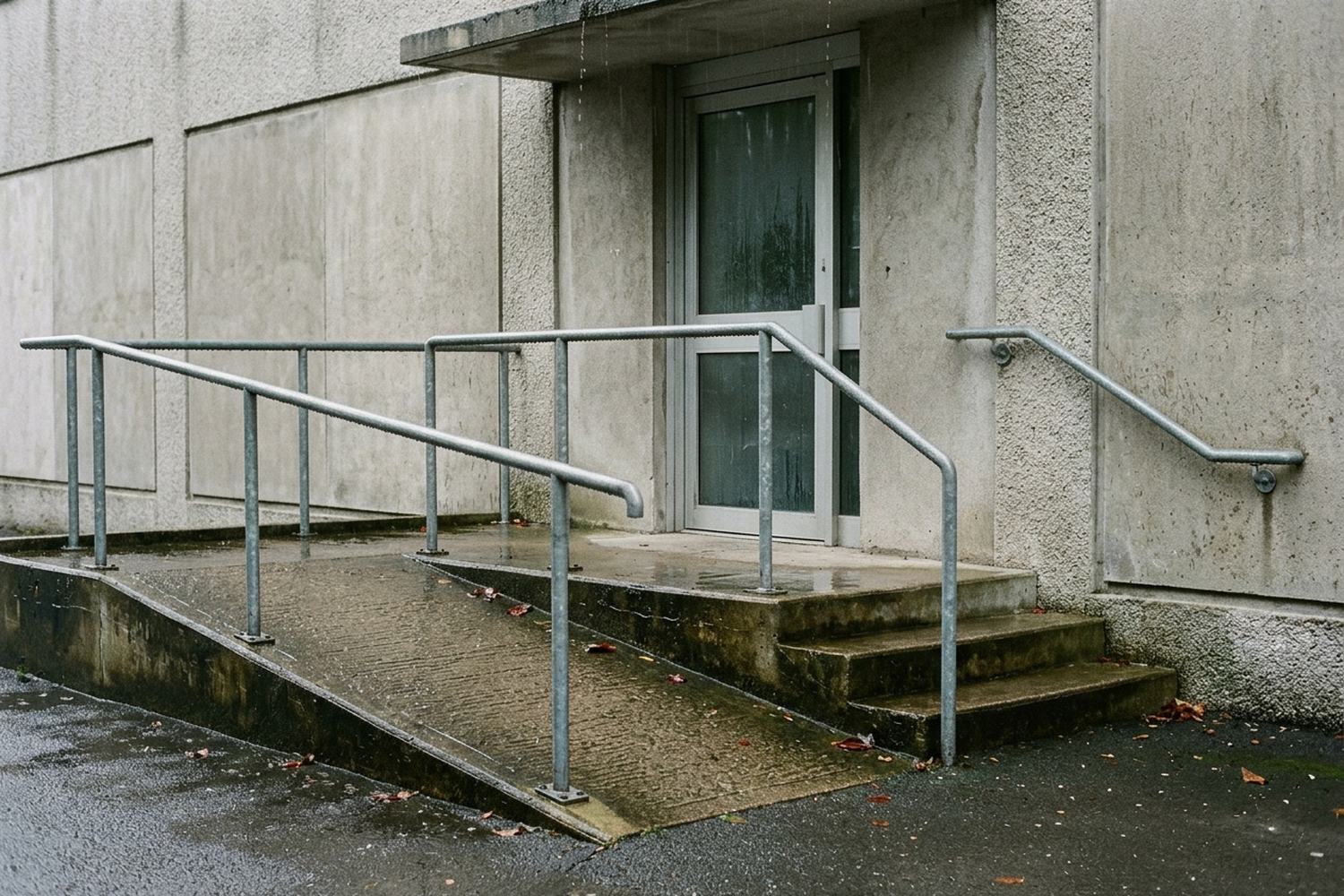 A wet concrete ramp beside three low steps, with water running down the slope.