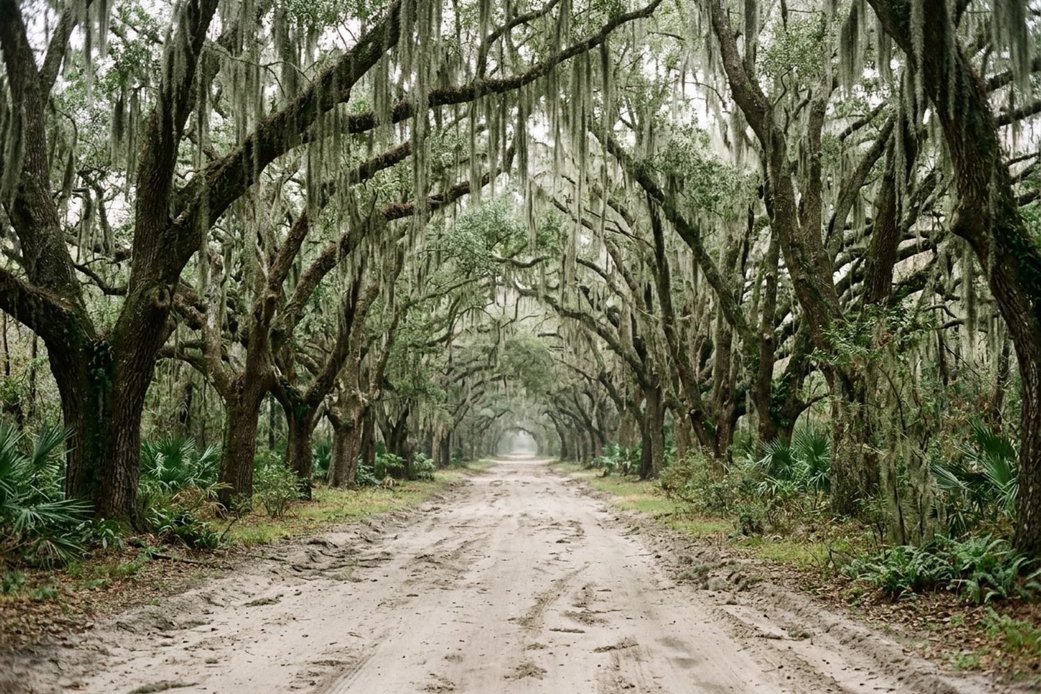 A live oak avenue heavy with hanging moss over a sandy track in humid light.