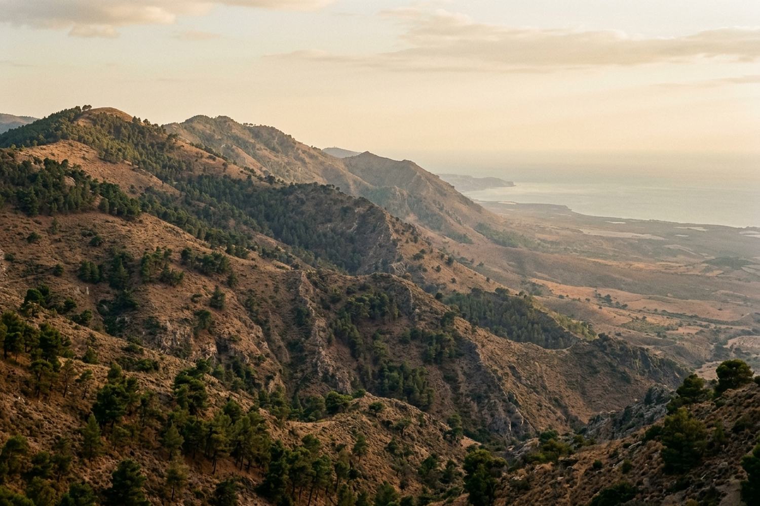 Dry pine covered mountains falling toward a hazy coastal plain and a distant sea.