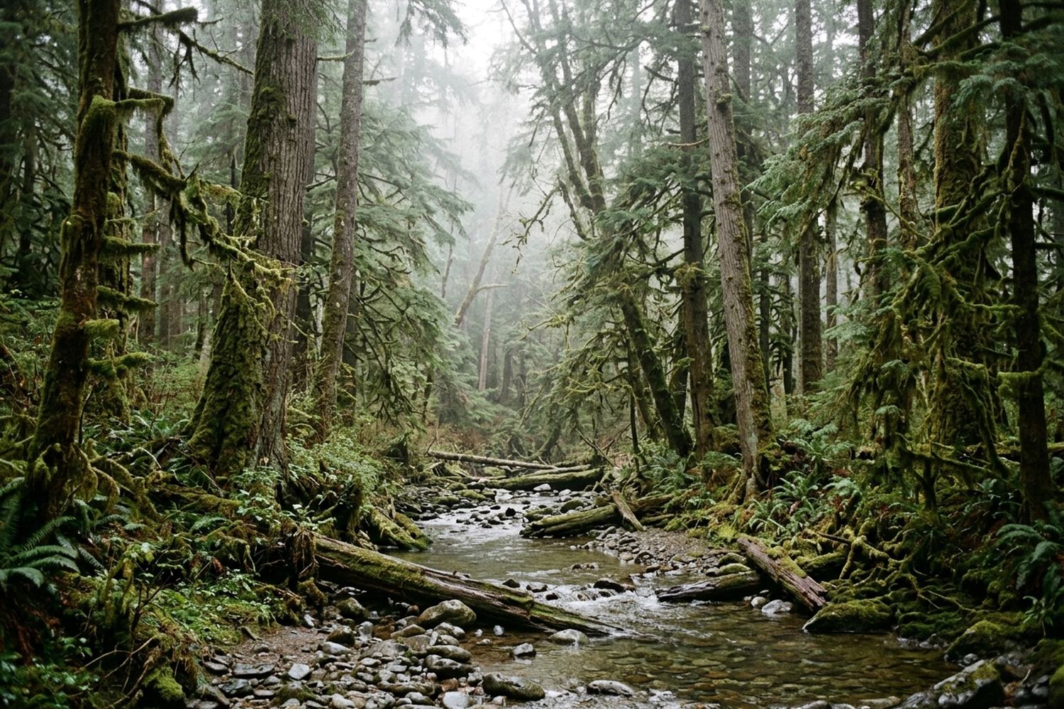 Dense wet coastal rainforest of mossy conifers with a shallow river and hanging mist.