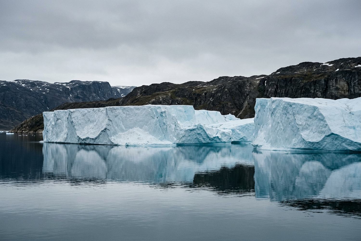 Enormous tabular icebergs grounded in a still fjord under flat gray light.
