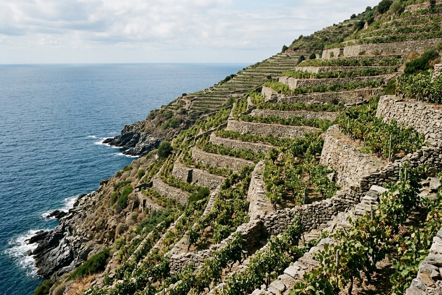 Terraced vineyards on a very steep coast dropping to a blue sea, walls stepping down.
