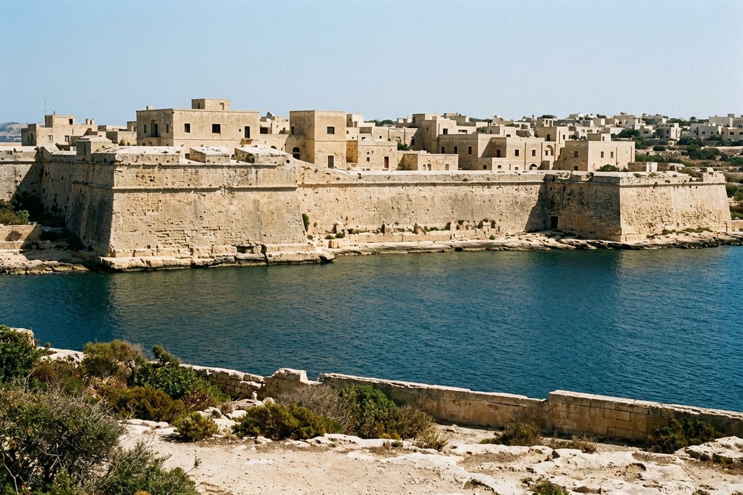 Honey coloured bastion walls above a deep blue harbour inlet in clear light.