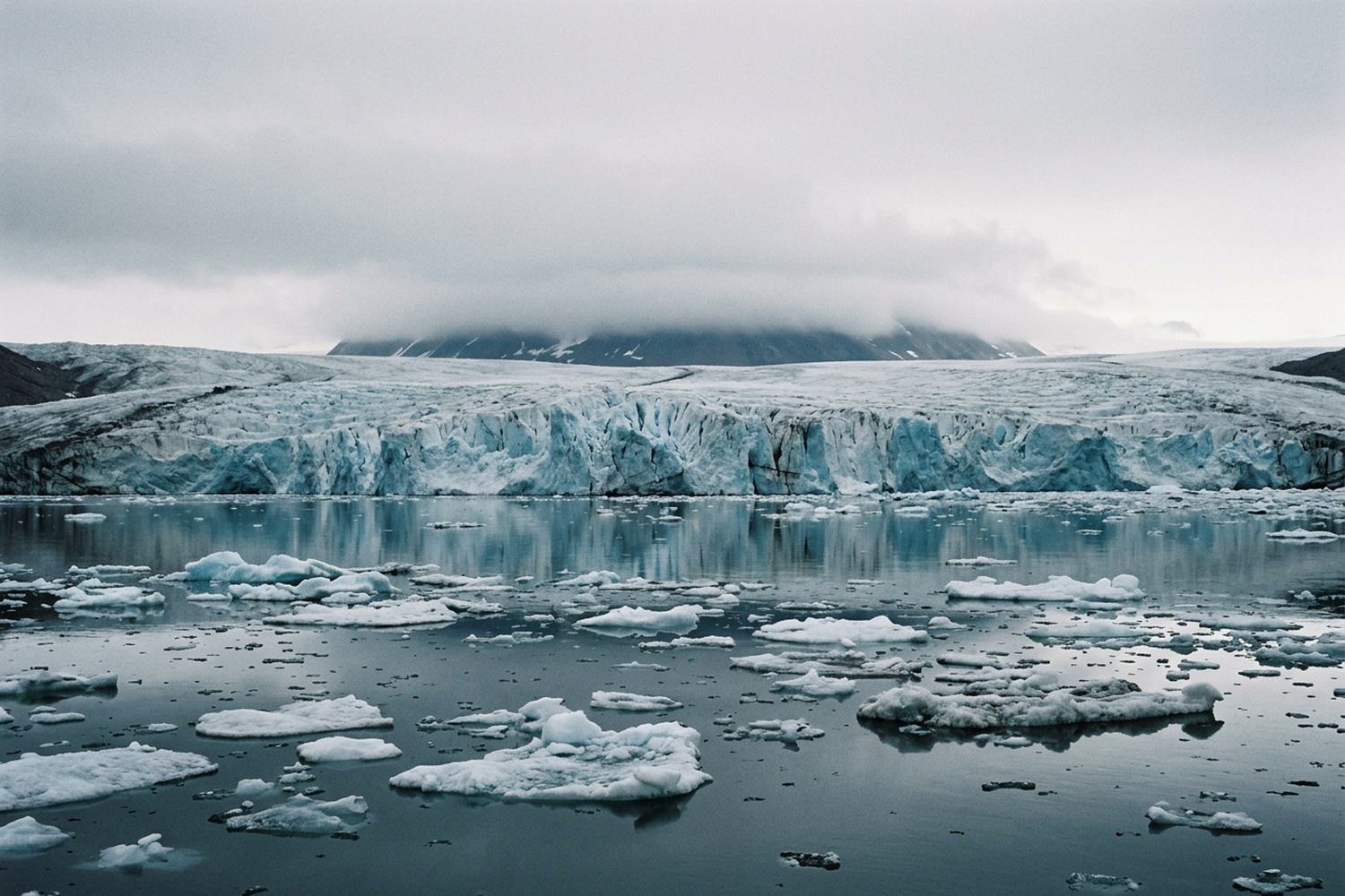 A glacier front meeting still dark water with brash ice and low cloud on the ice cap.