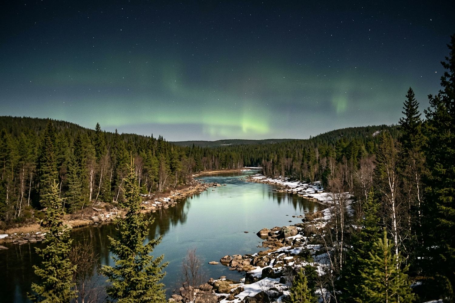 A wide boreal river valley under a clear cold night sky with faint green light low down.